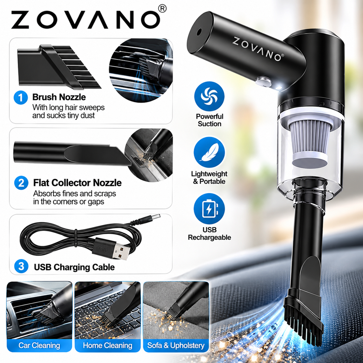 ZOVANO Car Vacuum Cleaner with Blower, USB Rechargeable