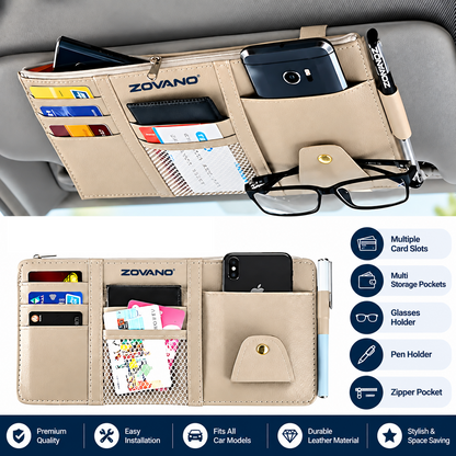 Car Sun Visor Organizer – Multi-Pocket Card, Sunglass & Document Holder with Zipper