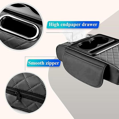 5 in 1 Car Seat Armrest Organizer with Cup Holder, Tissue Box Slot, Zipper Storage Pocket