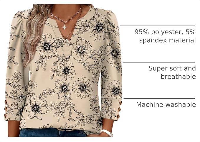 3/4 Length Sleeve Womens Tops with Button Cuffs Dressy Casual V Neck Summer Outfits Early Fall Fashion Spring Clothes