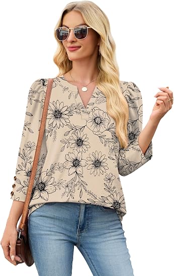 3/4 Length Sleeve Womens Tops with Button Cuffs Dressy Casual V Neck Summer Outfits Early Fall Fashion Spring Clothes