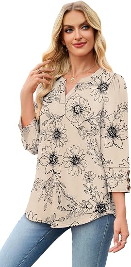 3/4 Length Sleeve Womens Tops with Button Cuffs Dressy Casual V Neck Summer Outfits Early Fall Fashion Spring Clothes