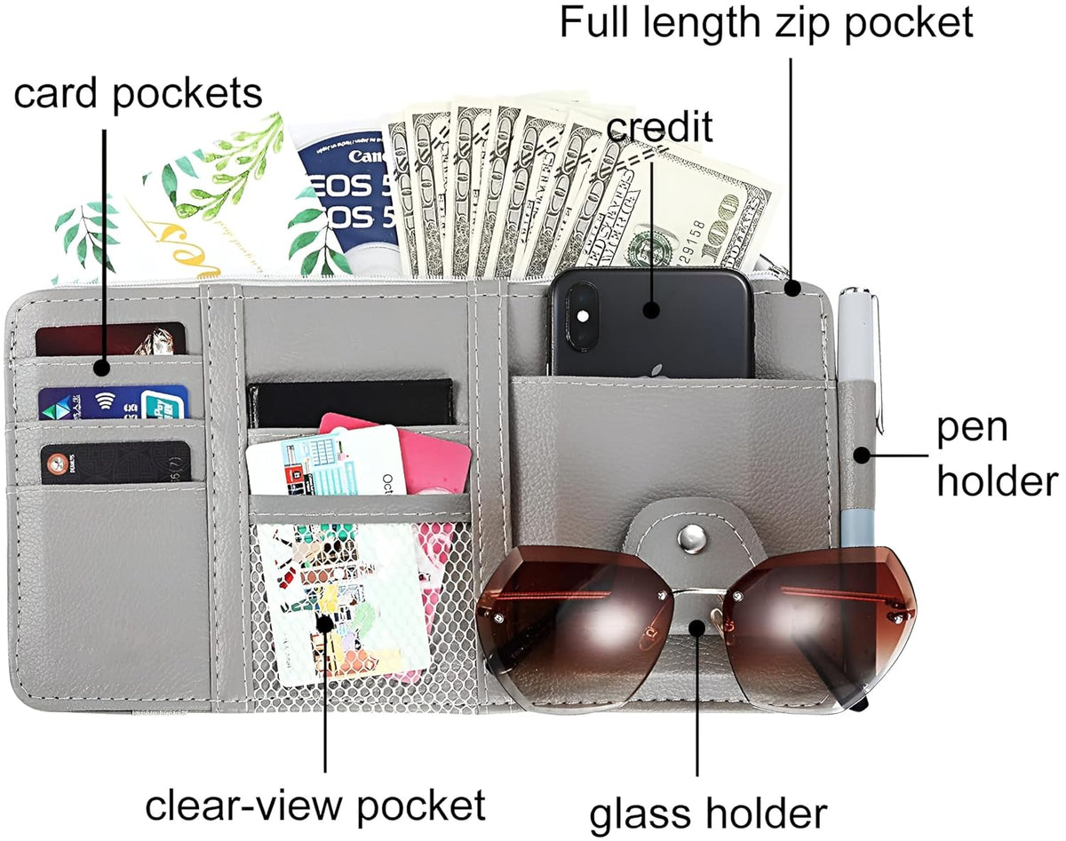 Car Sun Visor Organizer – Multi-Pocket Card, Sunglass & Document Holder with Zipper