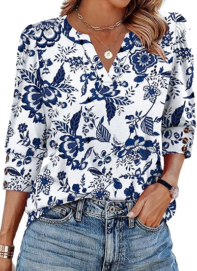 3/4 Length Sleeve Womens Tops with Button Cuffs Dressy Casual V Neck Summer Outfits Early Fall Fashion Spring Clothes