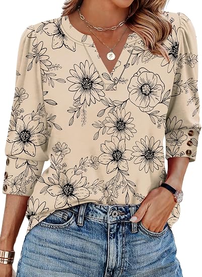 3/4 Length Sleeve Womens Tops with Button Cuffs Dressy Casual V Neck Summer Outfits Early Fall Fashion Spring Clothes