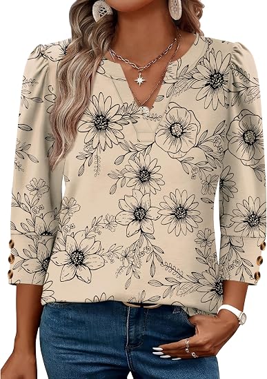 3/4 Length Sleeve Womens Tops with Button Cuffs Dressy Casual V Neck Summer Outfits Early Fall Fashion Spring Clothes