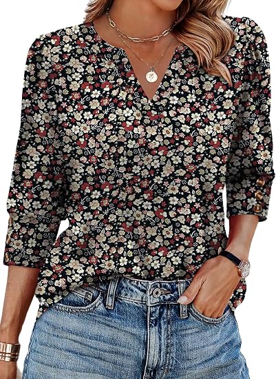 3/4 Length Sleeve Womens Tops with Button Cuffs Dressy Casual V Neck Summer Outfits Early Fall Fashion Spring Clothes