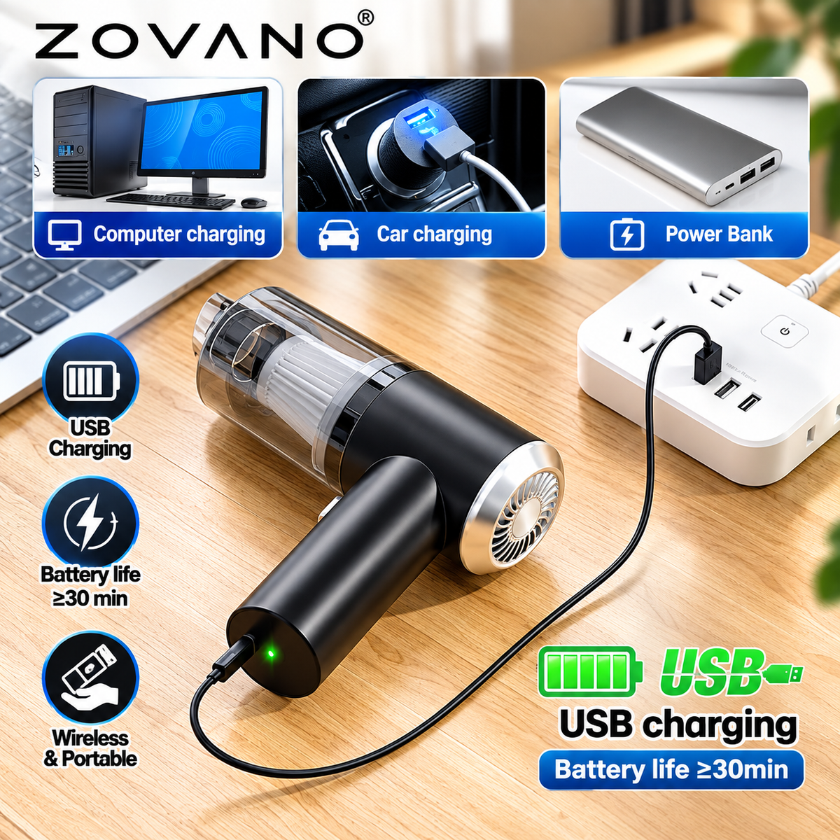 ZOVANO Car Vacuum Cleaner with Blower, USB Rechargeable