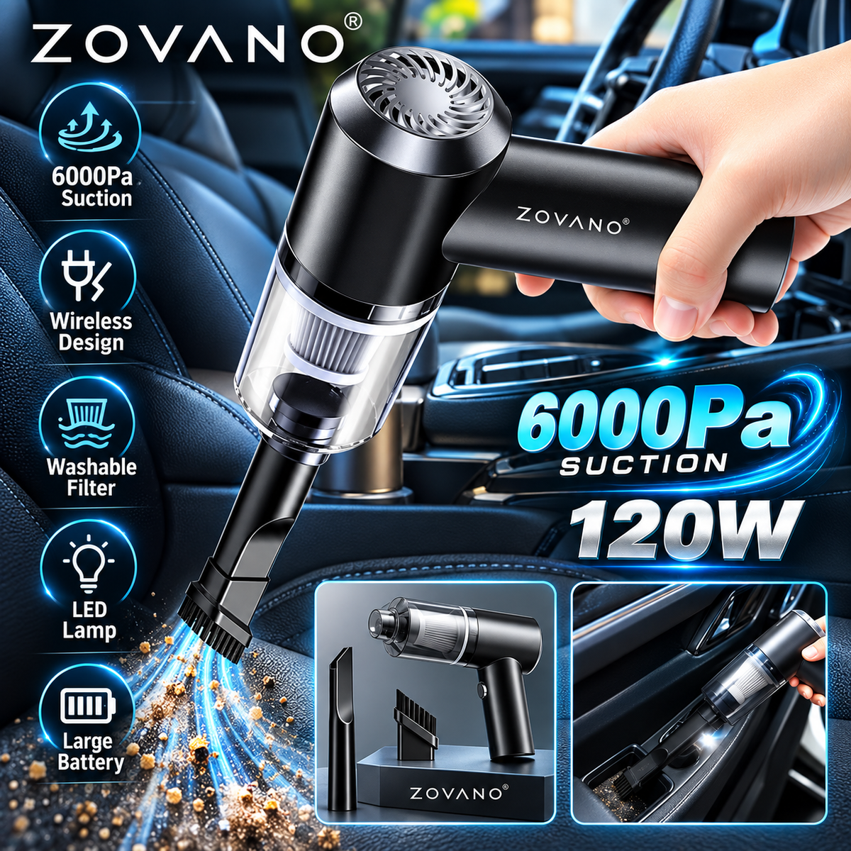 ZOVANO Car Vacuum Cleaner with Blower, USB Rechargeable